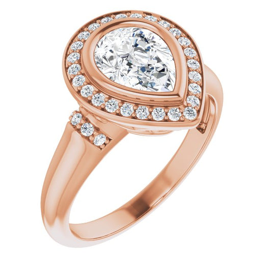 10K Rose Gold Customizable Bezel-set Pear Cut Design with Halo and Vertical Round Channel Accents