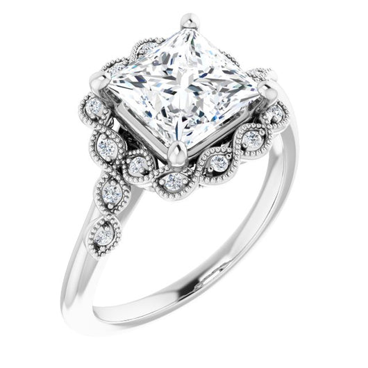 10K White Gold Customizable 3-stone Design with Princess/Square Cut Center and Halo Enhancement