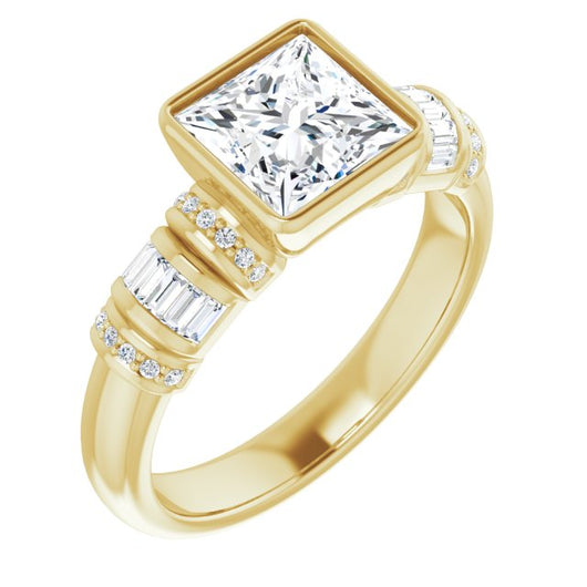 10K Yellow Gold Customizable Bezel-set Princess/Square Cut Setting with Wide Sleeve-Accented Band