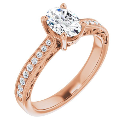 10K Rose Gold Customizable Oval Cut Design with Round Band Accents and Three-sided Filigree Engraving