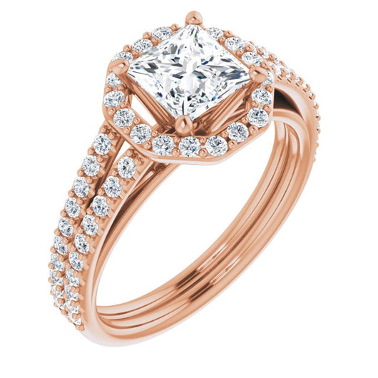 10K Rose Gold Customizable Cathedral Princess/Square Cut Design with Geometric Halo & Split Pavé Band