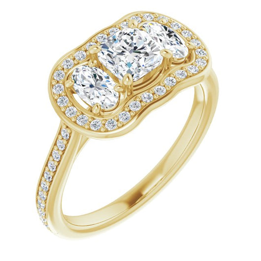 10K Yellow Gold Customizable Cushion Cut Style with Oval Cut Accents, 3-stone Halo & Thin Shared Prong Band