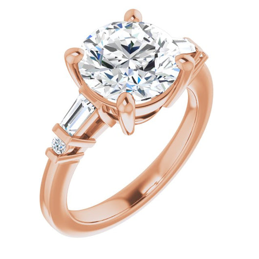 10K Rose Gold Customizable 5-stone Baguette+Round-Accented Round Cut Design)