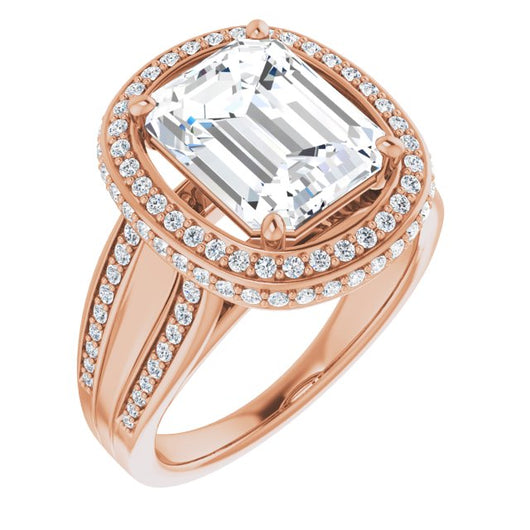 10K Rose Gold Customizable Halo-style Emerald/Radiant Cut with Under-halo & Ultra-wide Band