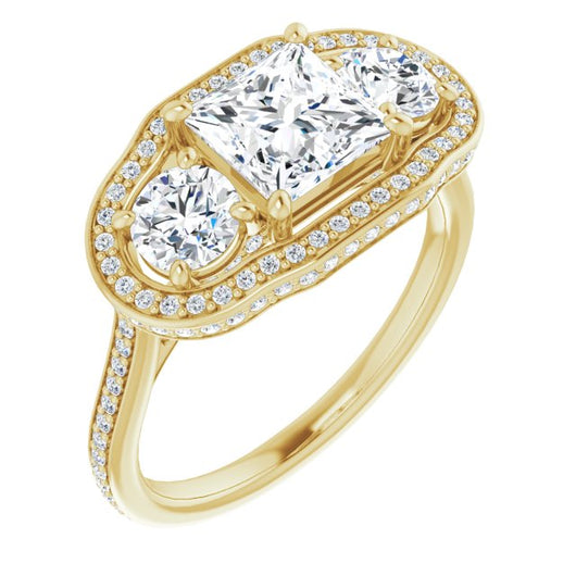 10K Yellow Gold Customizable 3-stone Princess/Square Cut Design with Multi-Halo Enhancement and 150+-stone Pavé Band