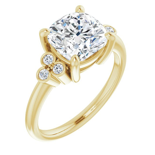 10K Yellow Gold Customizable 7-stone Cushion Cut Center with Round-Bezel Side Stones