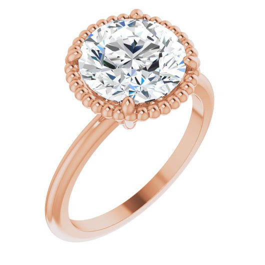 10K Rose Gold Customizable Round Cut Solitaire with Beaded Metallic Milgrain