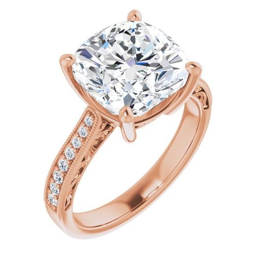 10K Rose Gold Customizable Cushion Cut Design with Round Band Accents and Three-sided Filigree Engraving