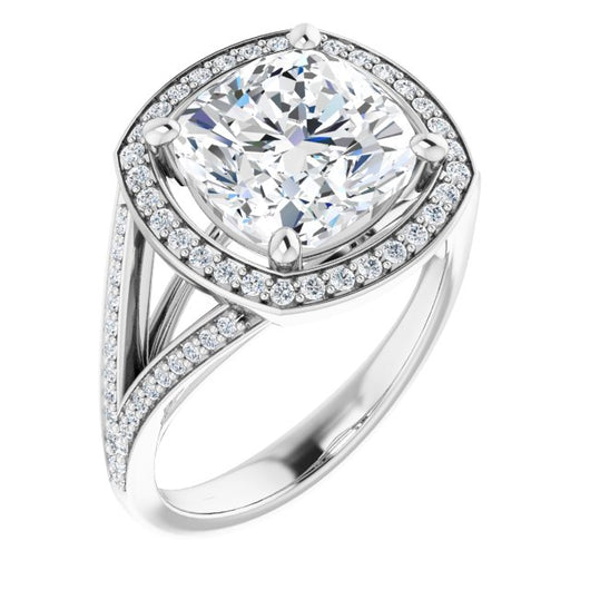 10K White Gold Customizable Cathedral-Halo Cushion Cut Style featuring Split-Shared Prong Band