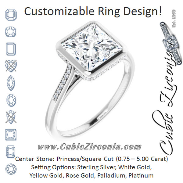 Cubic Zirconia Engagement Ring- The Adalynn (Customizable Cathedral-Bezel Princess/Square Cut Style with Under-halo and Shared Prong Band)