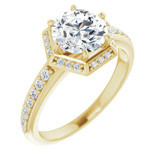 10K Yellow Gold Customizable Round Cut Design with Geometric Under-Halo and Shared Prong Band