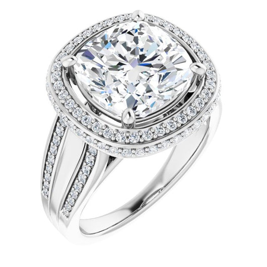 10K White Gold Customizable Halo-style Cushion Cut with Under-halo & Ultra-wide Band