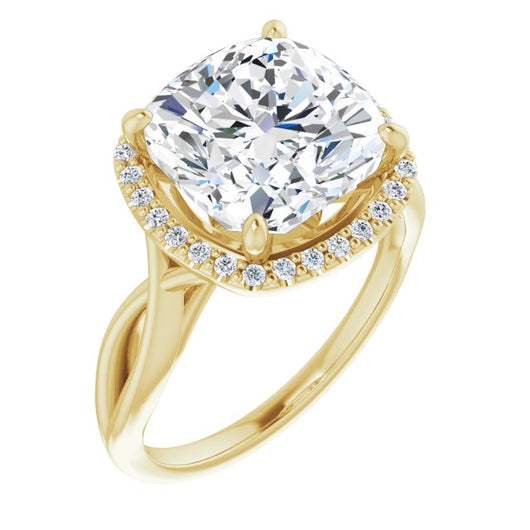 10K Yellow Gold Customizable Cathedral-Halo Cushion Cut Design with Twisting Split Band