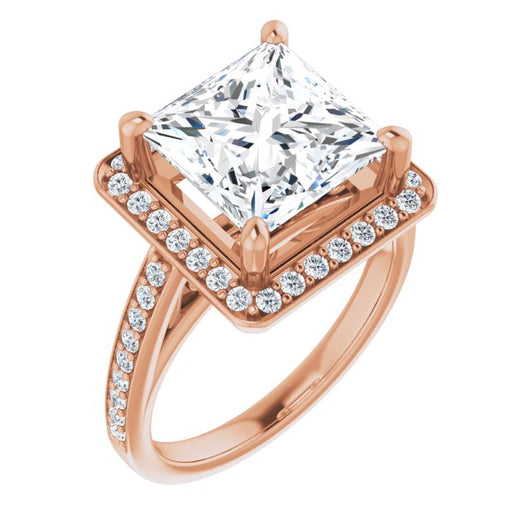 10K Rose Gold Customizable Princess/Square Cut Style with Halo and Sculptural Trellis