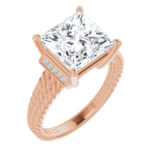 10K Rose Gold Customizable 11-stone Design featuring Princess/Square Cut Center, Vertical Round-Channel Accents & Wide Triple-Rope Band