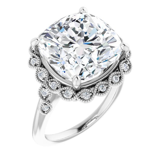 10K White Gold Customizable 3-stone Design with Cushion Cut Center and Halo Enhancement