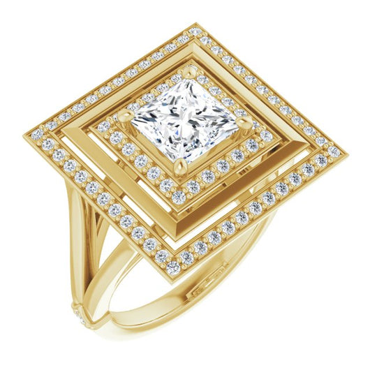 10K Yellow Gold Customizable Princess/Square Cut Oversized 2x Halo Style with Knuckle Accented Split Band