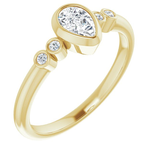 10K Yellow Gold Customizable 5-stone Bezel-set Pear Cut Design with Quad Round-Bezel Side Stones