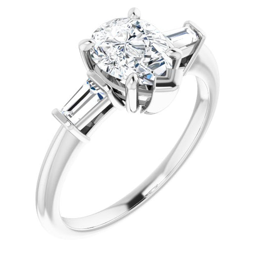 10K White Gold Customizable 3-stone Pear Cut Design with Dual Baguette Accents)