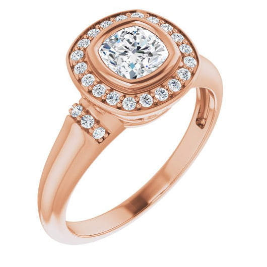 10K Rose Gold Customizable Bezel-set Cushion Cut Design with Halo and Vertical Round Channel Accents