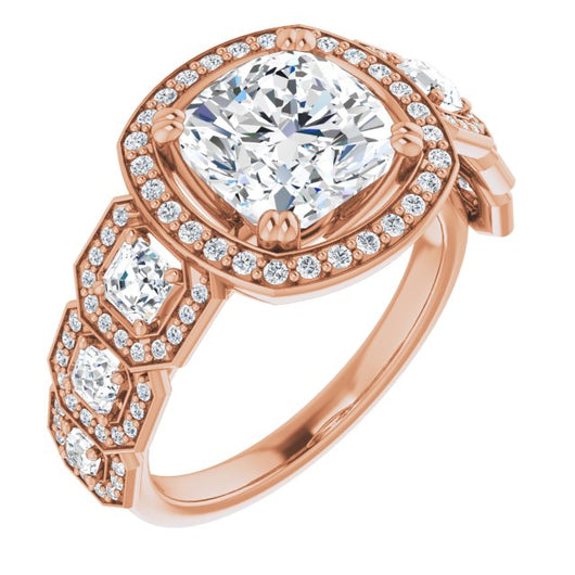 10K Rose Gold Customizable Cathedral-Halo Cushion Cut Design with Six Halo-surrounded Asscher Cut Accents and Ultra-wide Band