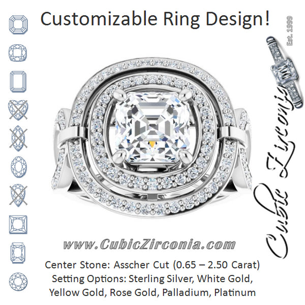 Cubic Zirconia Engagement Ring- The Daksha (Customizable Cathedral-set Asscher Cut Design with Double Halo & Accented Ultra-wide Horseshoe-inspired Split Band)