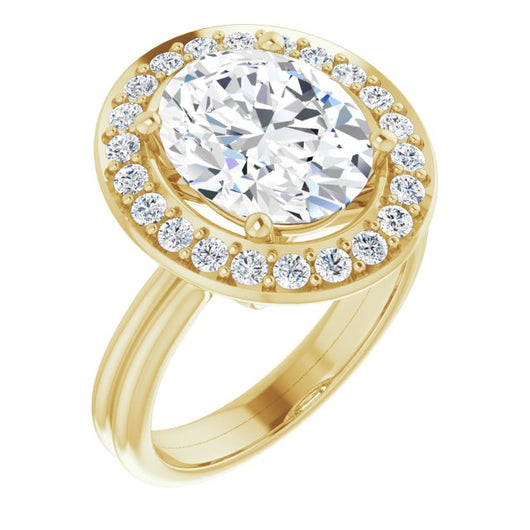 10K Yellow Gold Customizable Cluster-Halo Accented Oval Cut Style with Tapered Dual Band