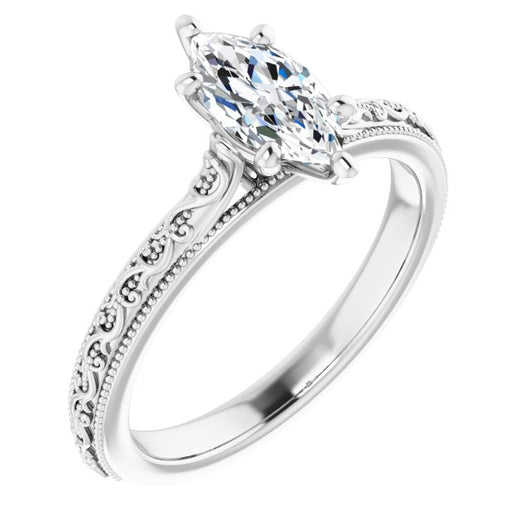 10K White Gold Customizable Marquise Cut Solitaire with Delicate Milgrain Filigree Band