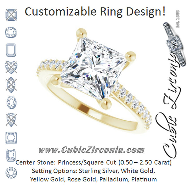 Cubic Zirconia Engagement Ring- The Diane (Customizable Cathedral-raised Princess/Square Cut Design with Accented Band and Infinity Symbol Trellis Decoration)