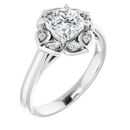 10K White Gold Customizable Cathedral-raised Cushion Cut Design with Star Halo & Round-Bezel Peekaboo Accents