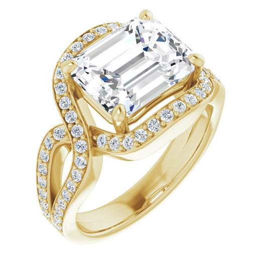 10K Yellow Gold Customizable Emerald/Radiant Cut Center with Infinity-inspired Split Shared Prong Band and Bypass Halo