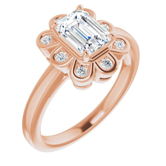 10K Rose Gold Customizable 9-stone Emerald/Radiant Cut Design with Round Bezel Side Stones