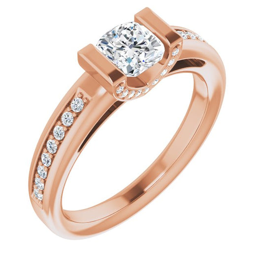 10K Rose Gold Customizable Cathedral-Bar Cushion Cut Design featuring Shared Prong Band and Prong Accents