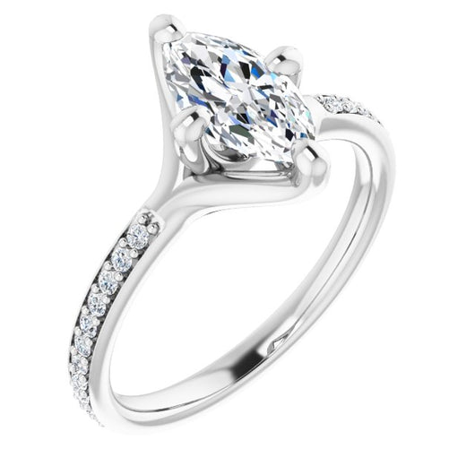 10K White Gold Customizable Marquise Cut Design featuring Thin Band and Shared-Prong Round Accents