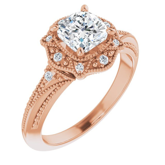 10K Rose Gold Customizable Vintage Cushion Cut Design with Beaded Milgrain and Starburst Semi-Halo