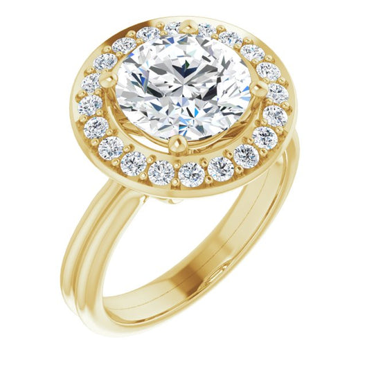 10K Yellow Gold Customizable Cluster-Halo Accented Round Cut Style with Tapered Dual Band