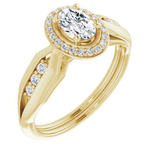 10K Yellow Gold Customizable Cathedral-raised Oval Cut Design with Halo and Tri-Cluster Band Accents