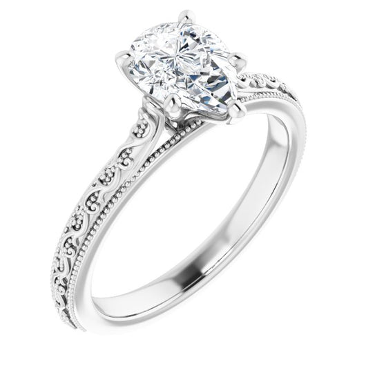 10K White Gold Customizable Pear Cut Solitaire with Delicate Milgrain Filigree Band