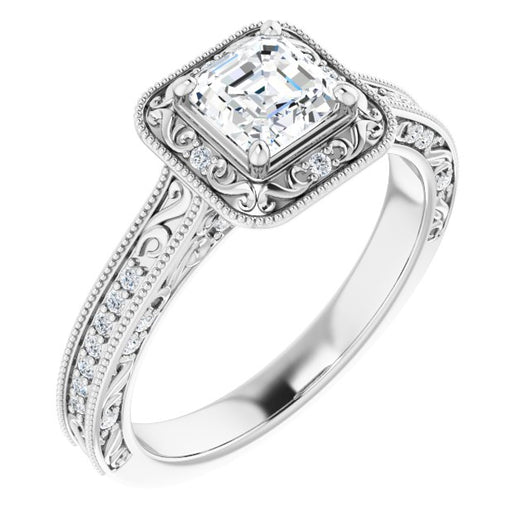 10K White Gold Customizable Vintage Artisan Asscher Cut Design with 3-Sided Filigree and Side Inlay Accent Enhancements