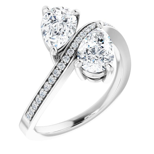 10K White Gold Customizable 2-stone Pear Cut Bypass Design with Thin Twisting Shared Prong Band