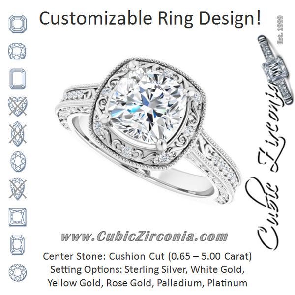 Cubic Zirconia Engagement Ring- The Eowyn (Customizable Vintage Artisan Cushion Cut Design with 3-Sided Filigree and Side Inlay Accent Enhancements)