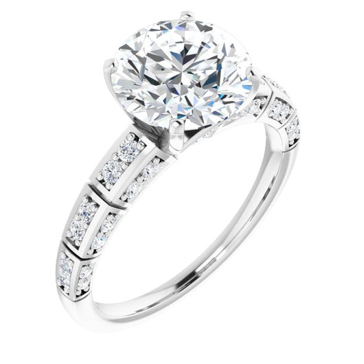 14K White Gold Customizable Round Cut Style with Three-sided, Segmented Shared Prong Band