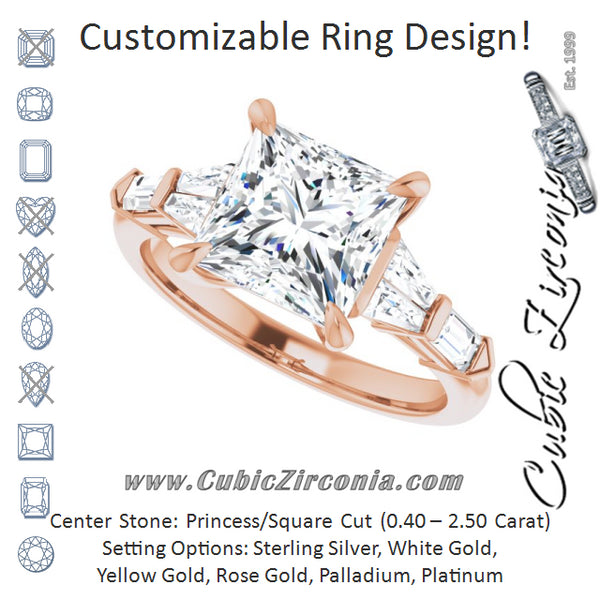 Cubic Zirconia Engagement Ring- The Annaliza (Customizable 7-stone Design with Princess/Square Cut Center and Baguette Accents)