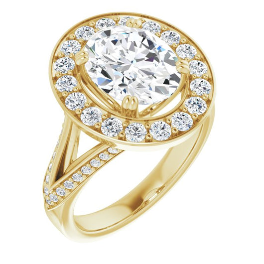 10K Yellow Gold Customizable Oval Cut Center with Large-Accented Halo and Split Shared Prong Band