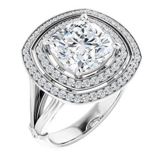 10K White Gold Customizable Cathedral-set Cushion Cut Design with Double Halo, Wide Split Band and Side Knuckle Accents