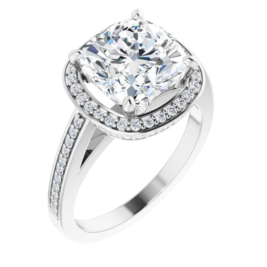 10K White Gold Customizable Cathedral-set Cushion Cut Design with Halo, Thin Pavé Band & Round-Bezel Peekaboos