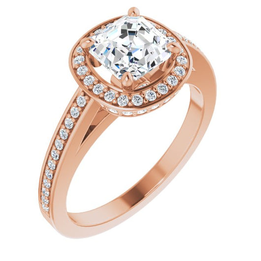 10K Rose Gold Customizable Cathedral-set Asscher Cut Design with Halo, Thin Pavé Band & Round-Bezel Peekaboos