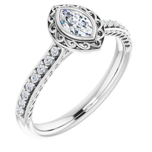 10K White Gold Customizable Cathedral-Bezel Marquise Cut Design featuring Accented Band with Filigree Inlay