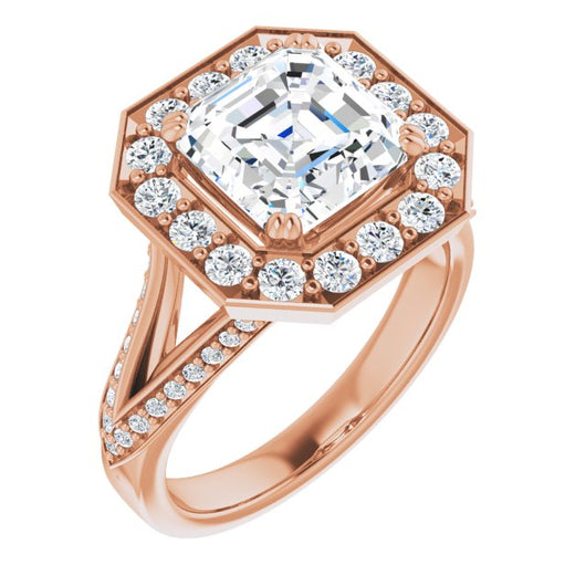 10K Rose Gold Customizable Asscher Cut Center with Large-Accented Halo and Split Shared Prong Band