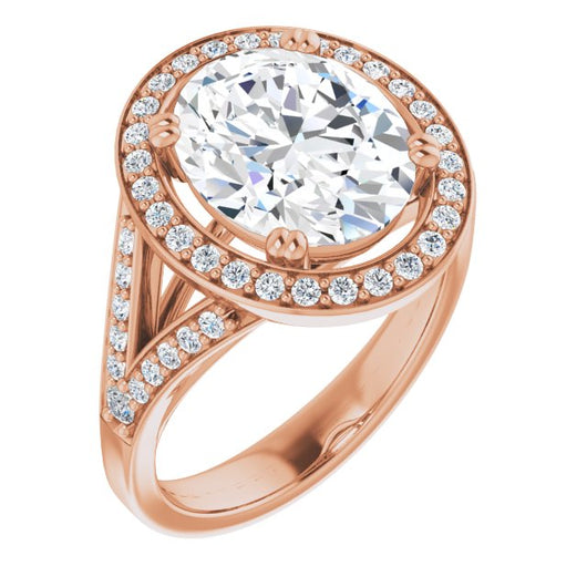 10K Rose Gold Customizable Cathedral-set Oval Cut Style with Accented Split Band and Halo